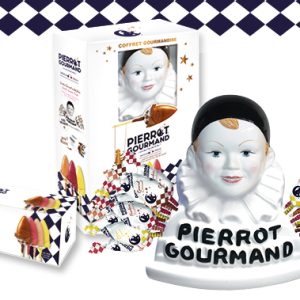 Coffret buste  Pierrot Gourmand avec 40 sucettes assorties