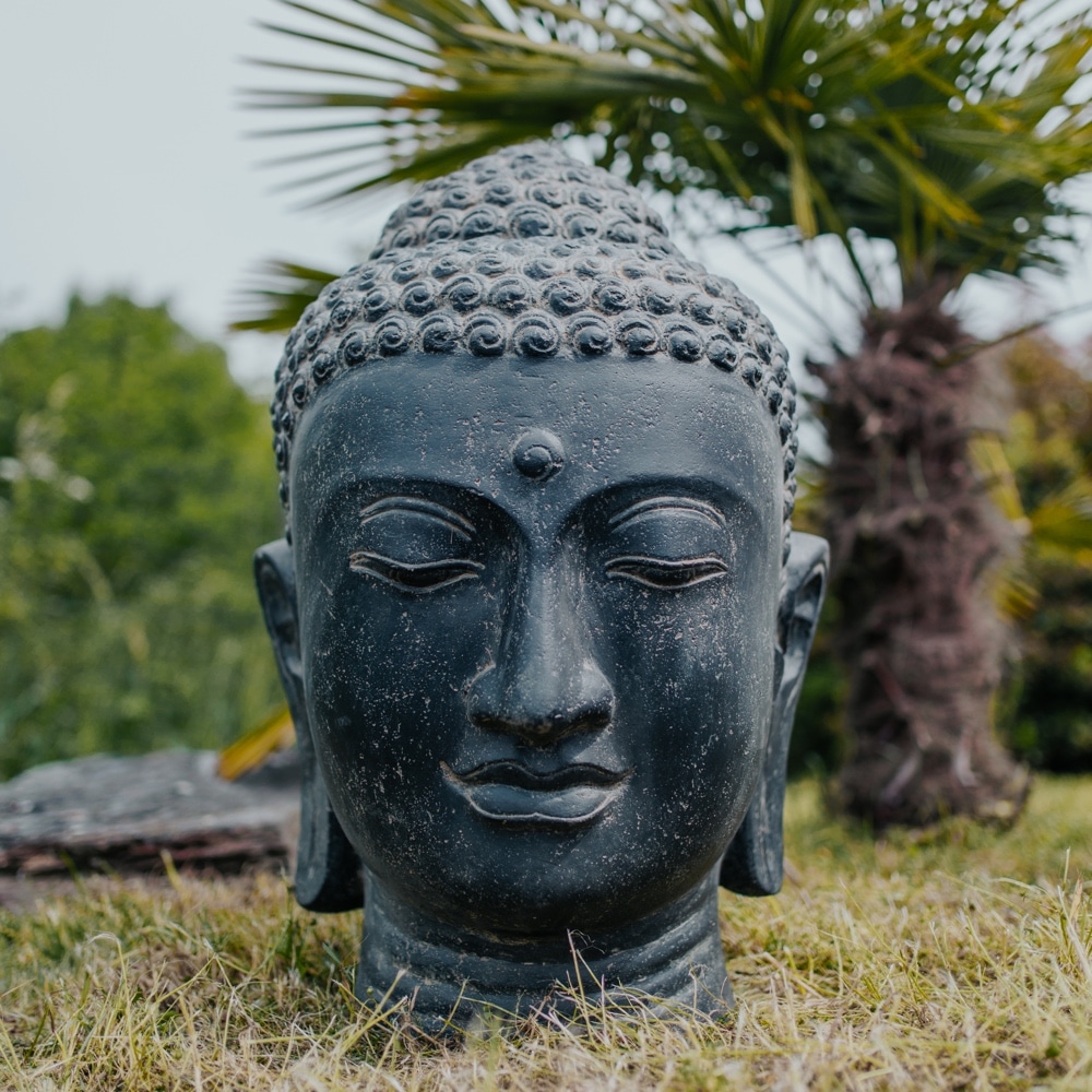 Gartenfigur Springbrunnen Buddha Kopf schwarz antik 75cm