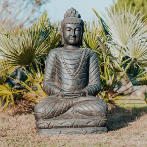 Statue bouddha en pierre 1 mètre – Décoration de jardin extérieure en noir antique