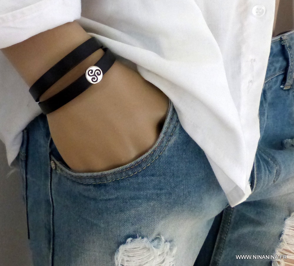 Bracelet cuir 2 tours perle plate triskel – Image 8