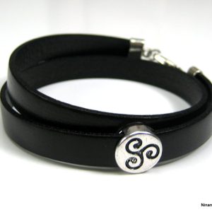 Bracelet cuir 2 tours perle plate triskel