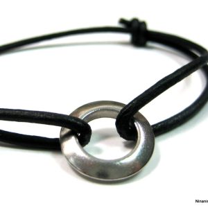 Bracelet anneau homme ou femme cordon cuir Acier