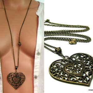 Collier long fantaisie métal bronze