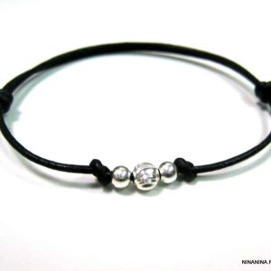 Bracelet cordon cuir perles Argent 925 massif