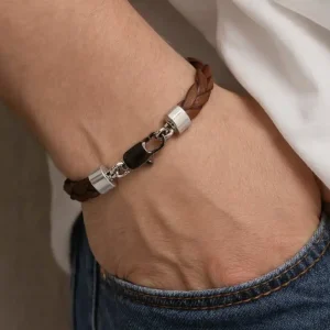 Bracelet homme cuir tressé artisanal avec fermoir acier inoxydable