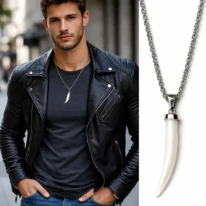 Collier artisanal homme avec pendentif dent de tigre en nacre blanche et chaine acier inoxydable argenté