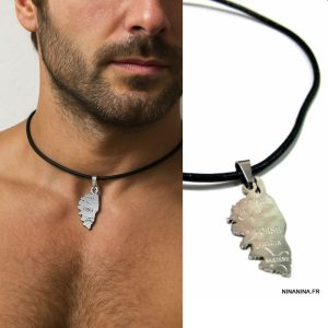 Collier Corse homme artisanal – pendentif gravé en Acier inoxydable sur cordon cuir noir