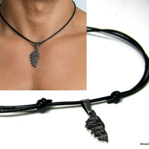 Collier homme cordon cuir noeud coulissant artisanal – pendentif Corse Acier argenté réglable