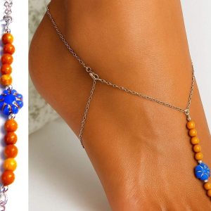 Chaîne de pied en argent massif et perles de Bohème bleues et orange – Fabrication artisanale française