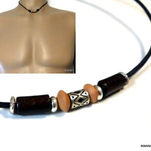 Collier cordon cuir Perle tube Argent 925 et perles bois