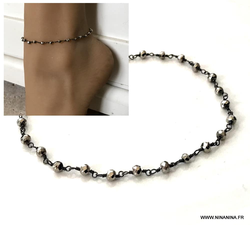 Bracelet cheville pierre pyrites facettées métal noir – Image 5