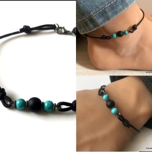 Bracelet cheville original homme pierre onyx noire turquoise