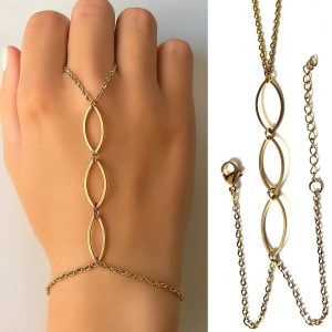 Bague bracelet plaqué or sur acier – chaine de main femme artisanale