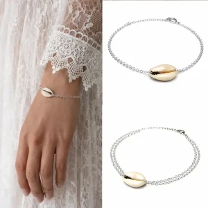 Bracelet coquillage Argent 925 Artisanal – Cauri blanc sur chainette pour femme