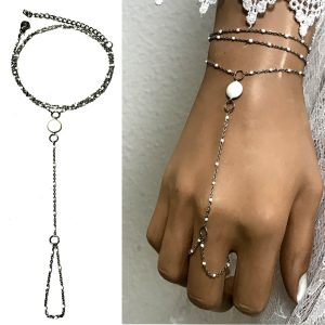 Bracelet avec doigt perle blanche acier inoxydable argent