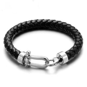 Bracelet manille homme cordon cuir tressé fermoir acier