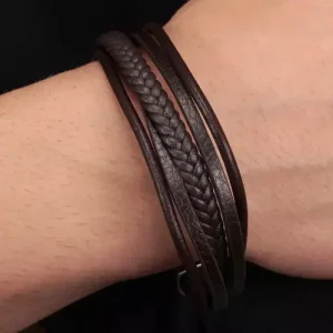 Bracelet cuir marron multirang fermoir acier noir pour homme
