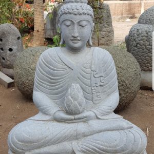 Statua di Buddha seduto XL con fiore di loto in pietra naturale 125 cm per meditazione all&rsquo;aperto